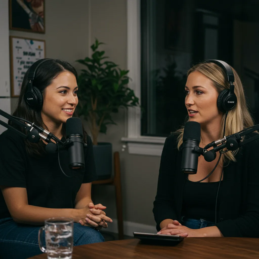 Podcast-style interview in an auto repair shop with portable mic setup.
