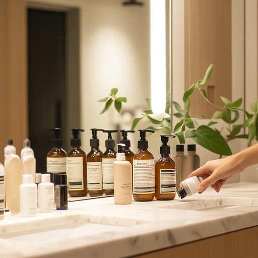 Bathroom counter with amber glass and personal care bottles, a reminder to audit which products touch your skin daily."