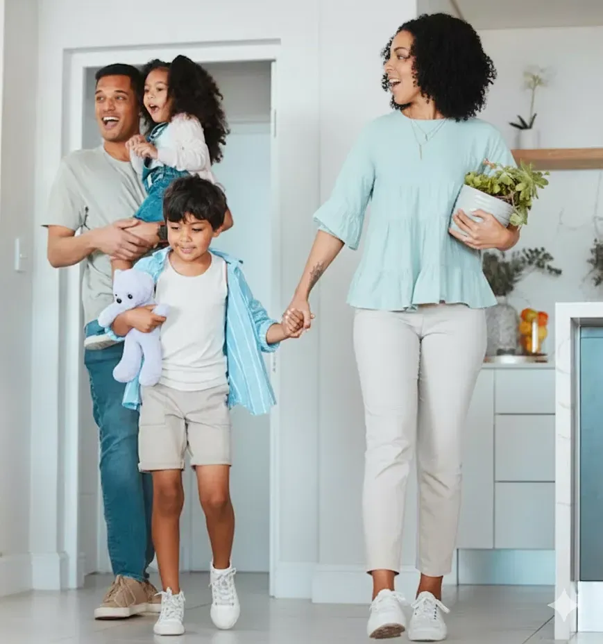 Happy family walking into a bright new home together, symbolizing confident home buying and trusted buyer representation in Fremont, CA.