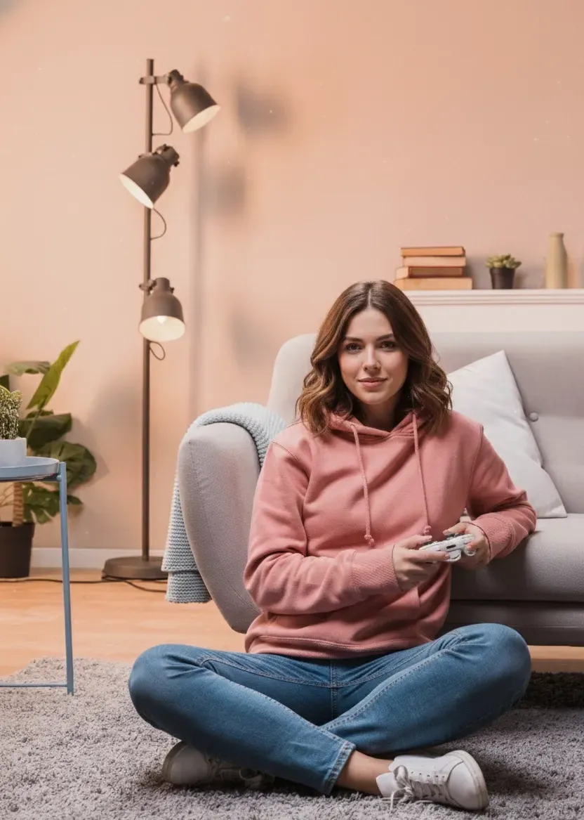 Woman sitting on the floor of her new home holding a video game controller, smiling with a relaxed and confident expression, symbolizing a comfortable and joyful first-time homebuying experience in Fremont, CA.