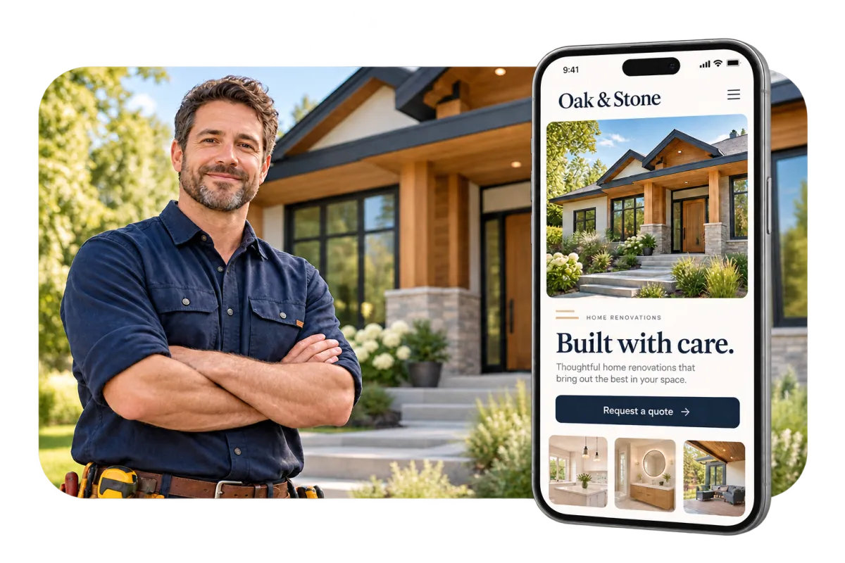 Small business owner standing outside a finished project, with his business website shown on a phone