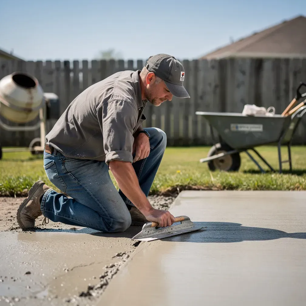 Concrete contractor wearing a cap, smoothing a freshly poured slab in Pendleton, Indiana.