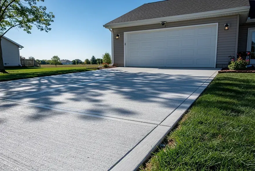 Finished concrete driveway attached to a garage door on a home in Pendleton, Indiana.