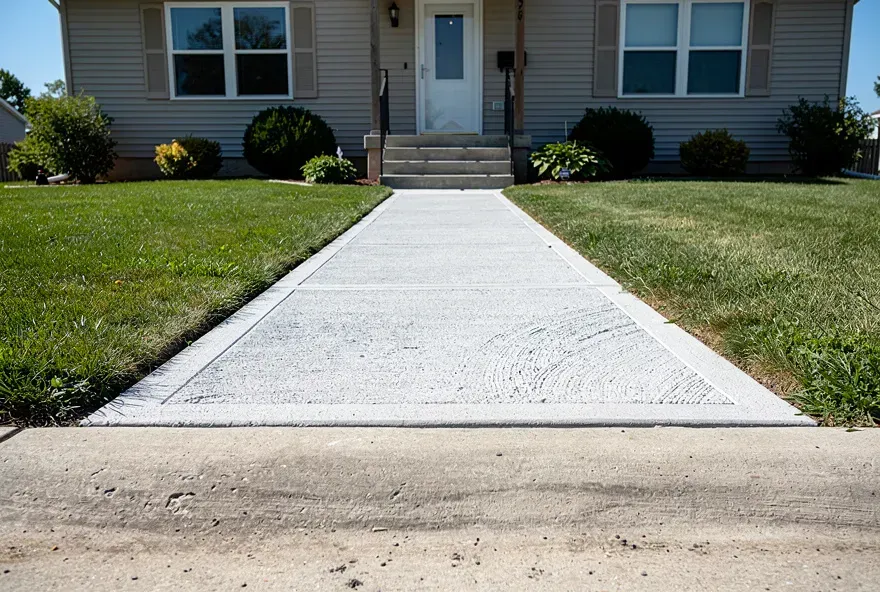 Finished concrete sidewalk leading to the front porch of a home in Pendleton, Indiana.