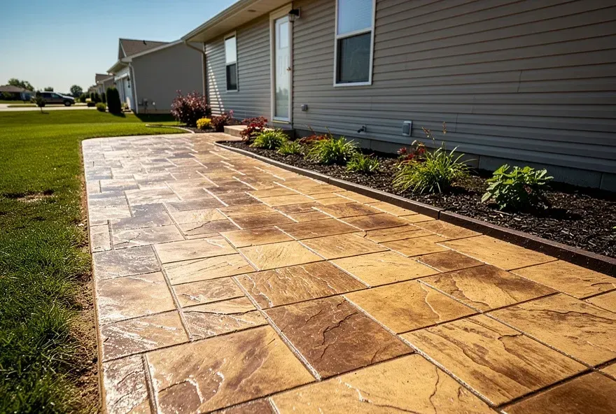 Finished stamped concrete walkway with stone pattern at a home in Pendleton, Indiana.