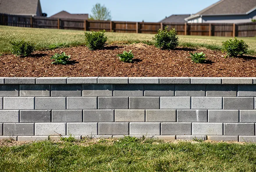 Finished concrete block retaining wall in a backyard in Pendleton, Indiana.