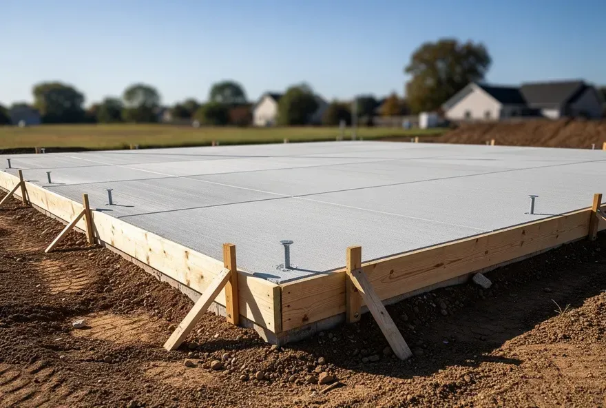 Freshly poured flat concrete foundation slab at a construction site in Pendleton, Indiana.