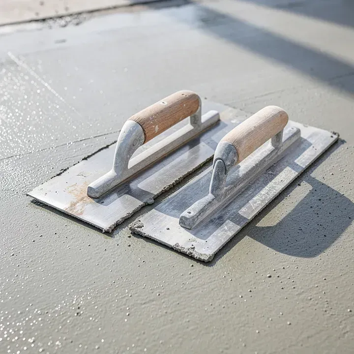 Concrete finishing trowel and edging tool resting on a freshly finished slab in Pendleton, Indiana.