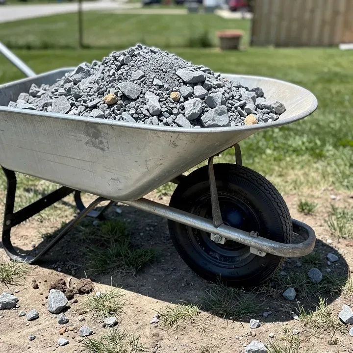 Wheelbarrow filled with loose gravel at a residential job site in Pendleton, Indiana.