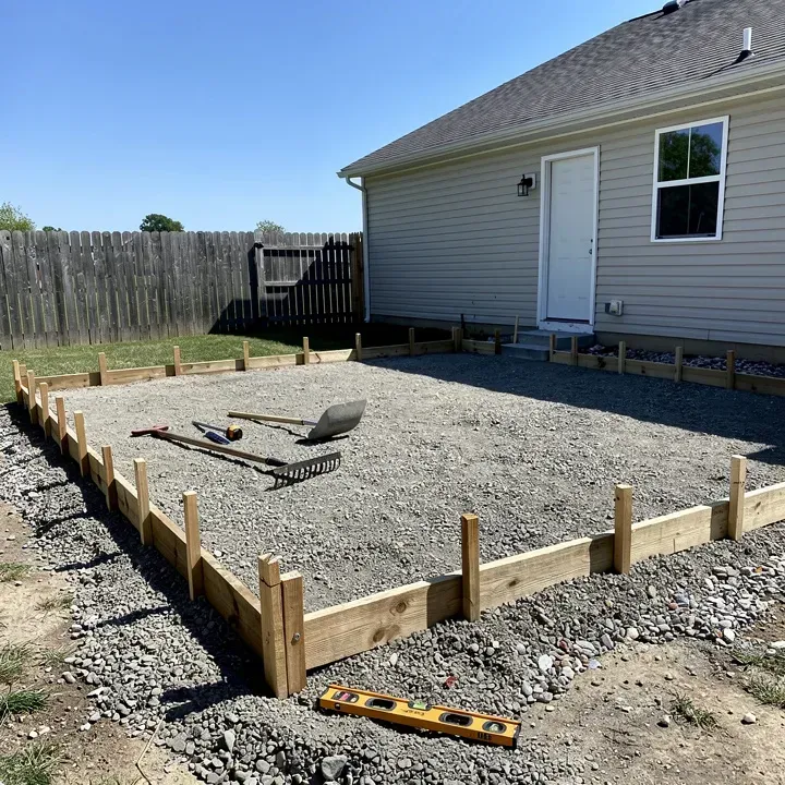 Concrete forms set up and ready for a backyard patio pour in Pendleton, Indiana.