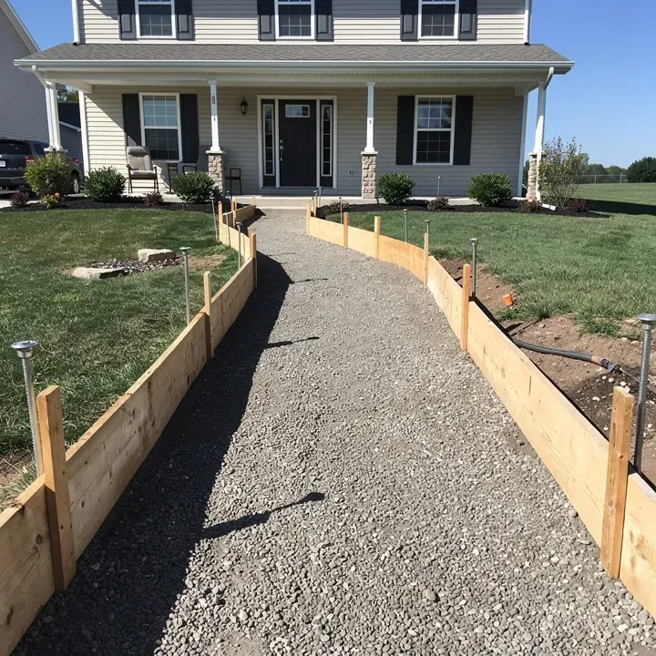 Concrete forms set up and ready for a sidewalk pour in Pendleton, Indiana.
