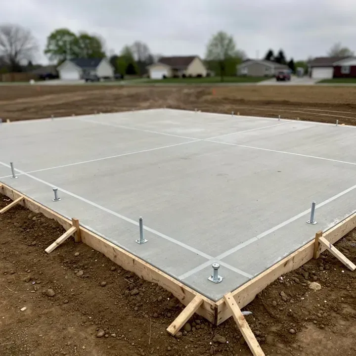 Freshly poured concrete foundation slab on an overcast day at a job site in Pendleton, Indiana.
