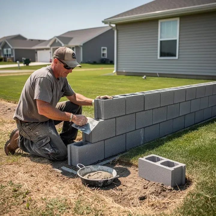 Contractor wearing sunglasses building a concrete block wall in a residential neighborhood in Pendleton, Indiana.