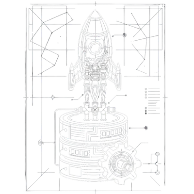 A drawing of a rocket flying up