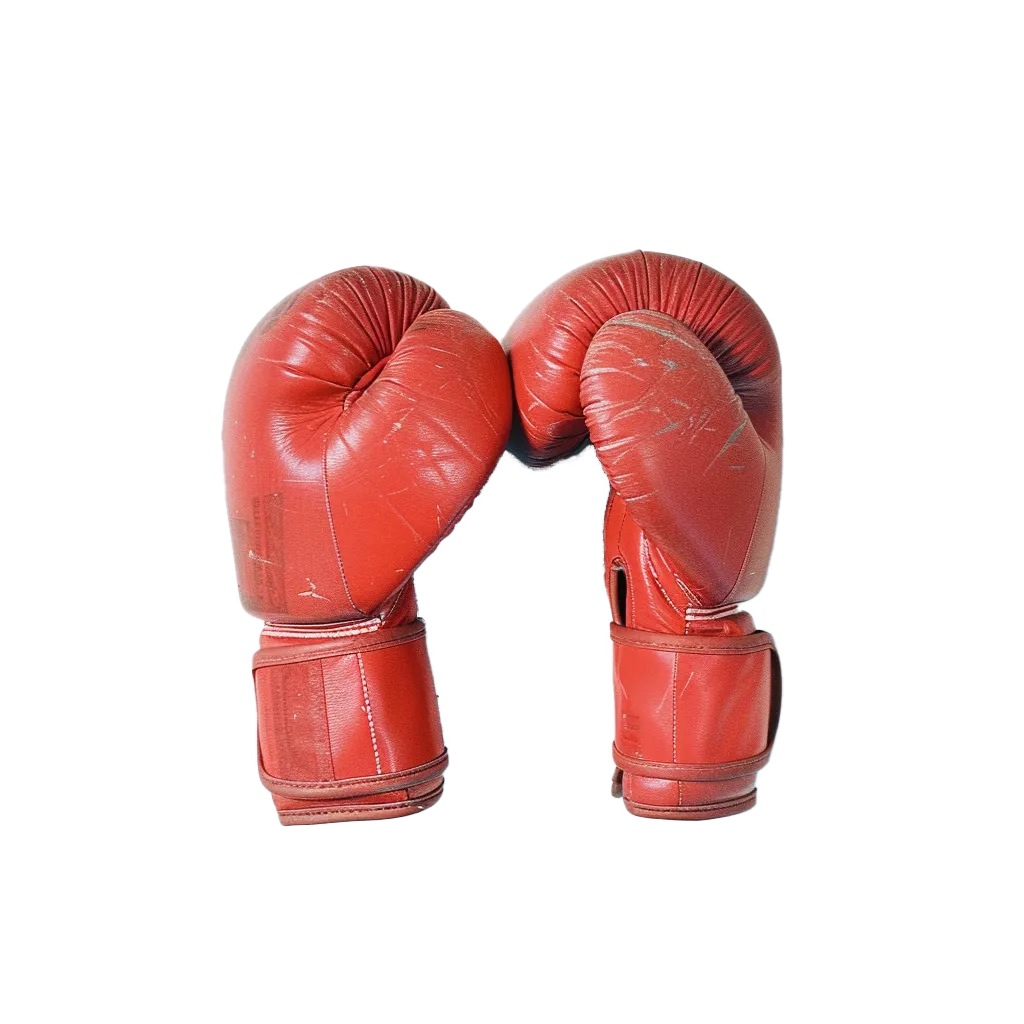 Pair of red boxing gloves facing each other, with visible wear marks indicating use