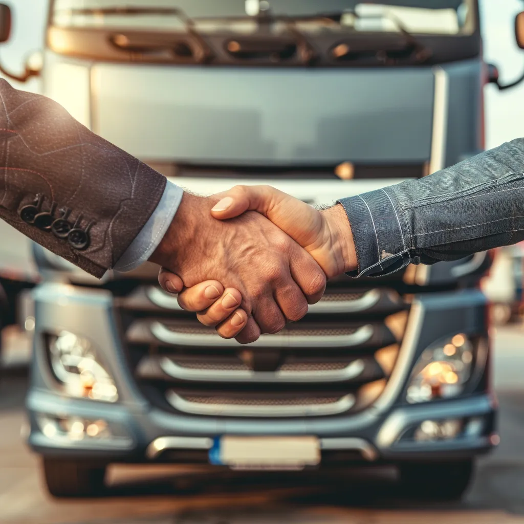 Two individuals shaking hands in front of a large commercial truck, symbolizing a business agreement or successful deal in the trucking or logistics industry.