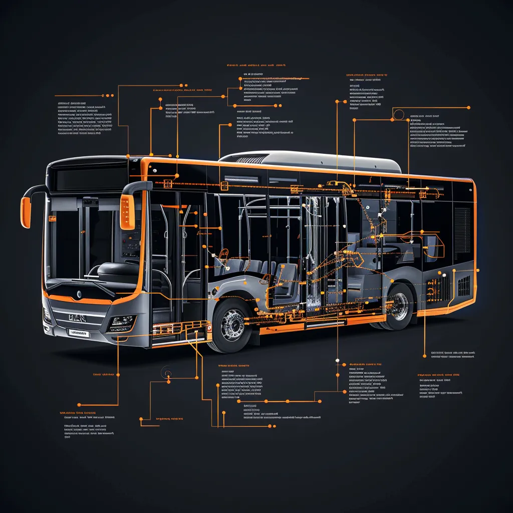 Detailed technical illustration of a bus with labeled components and systems, showing the internal structure and mechanisms, highlighted in orange against a dark background.