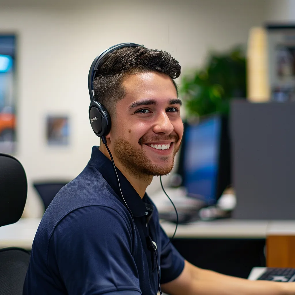 Smiling customer service representative wearing headphones, seated at a desk in a modern office environment, ready to assist clients.