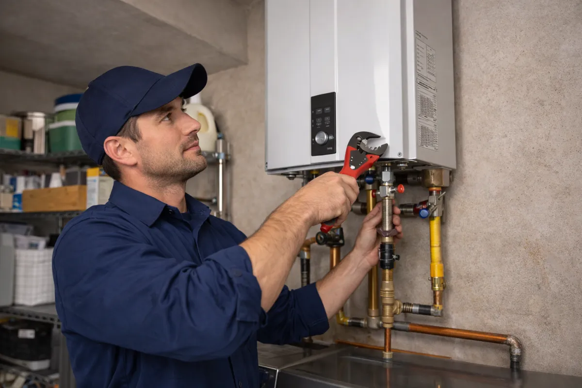 a tiled wall with pipes and a clock on it