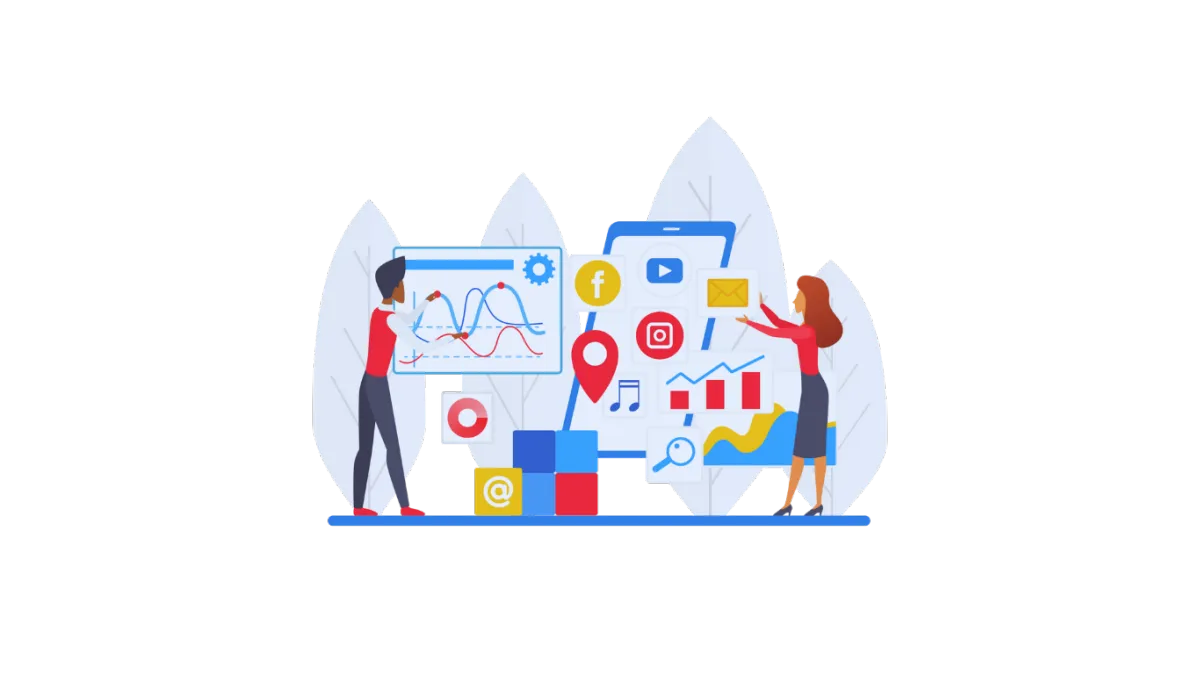 Illustration of a social media content builder interface with people, engagement icons, and social network elements.