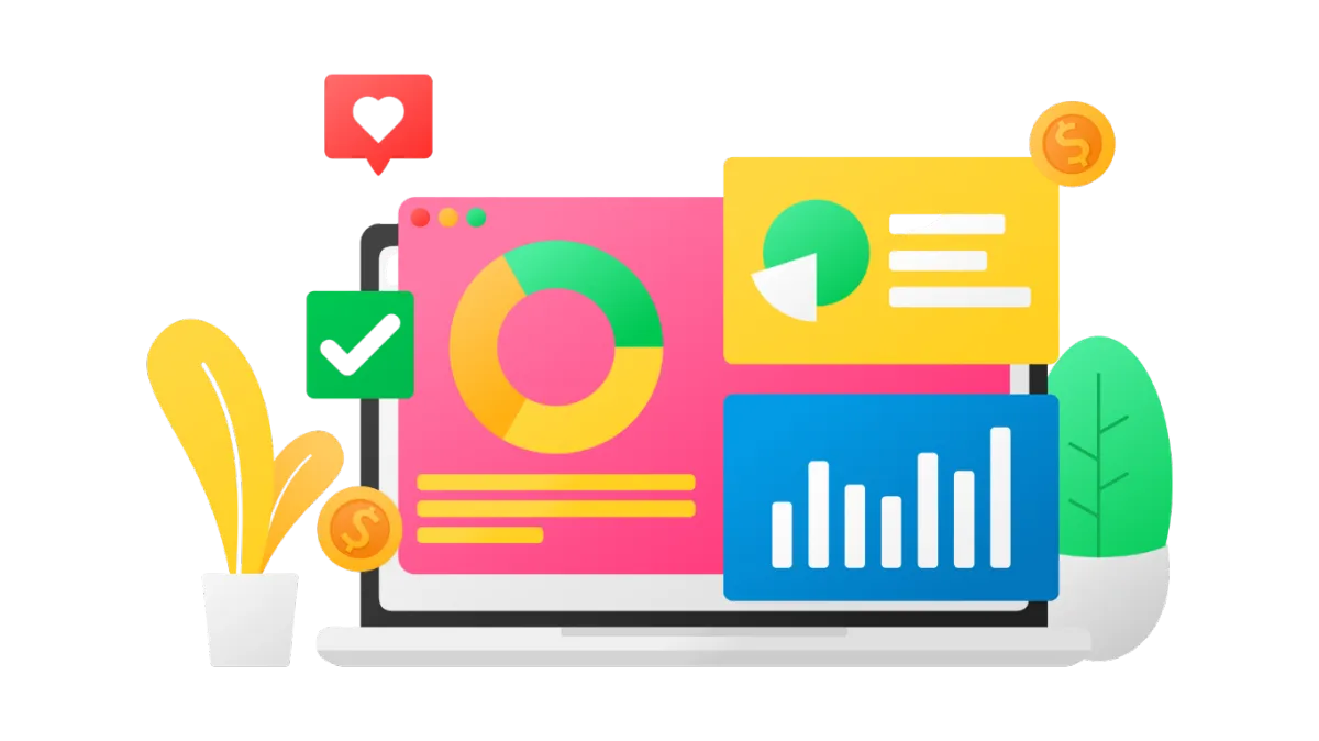 Analytics dashboard graphic with charts, graphs, and campaign tracking elements.