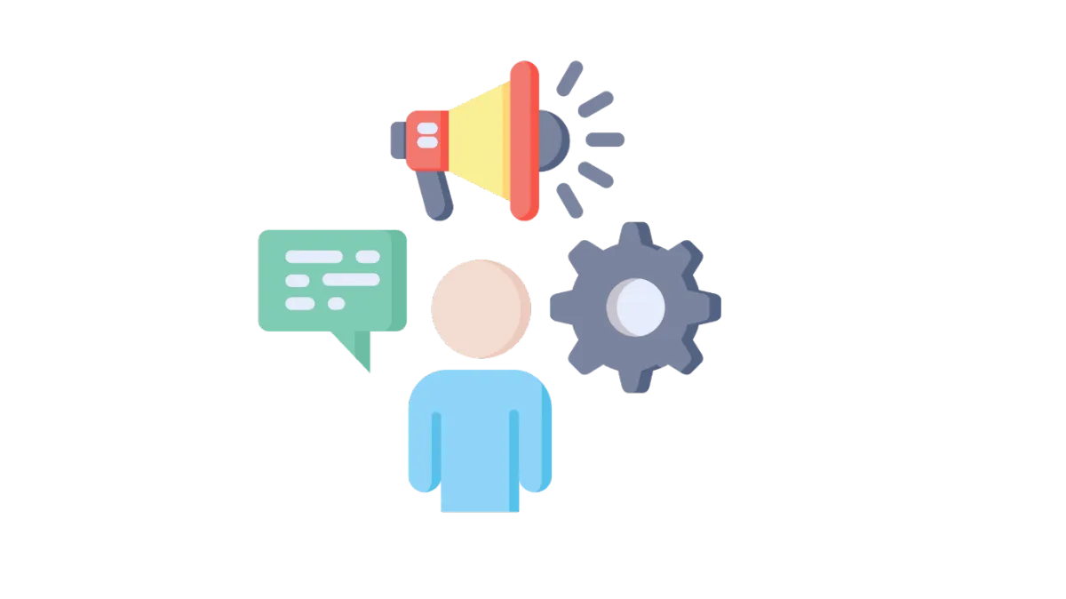 Content generation icon with megaphone, person, and chat bubbles representing AI writing assistant.