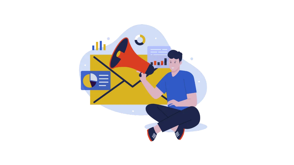 Illustration of person using a laptop for email and SMS campaigns with message icons.