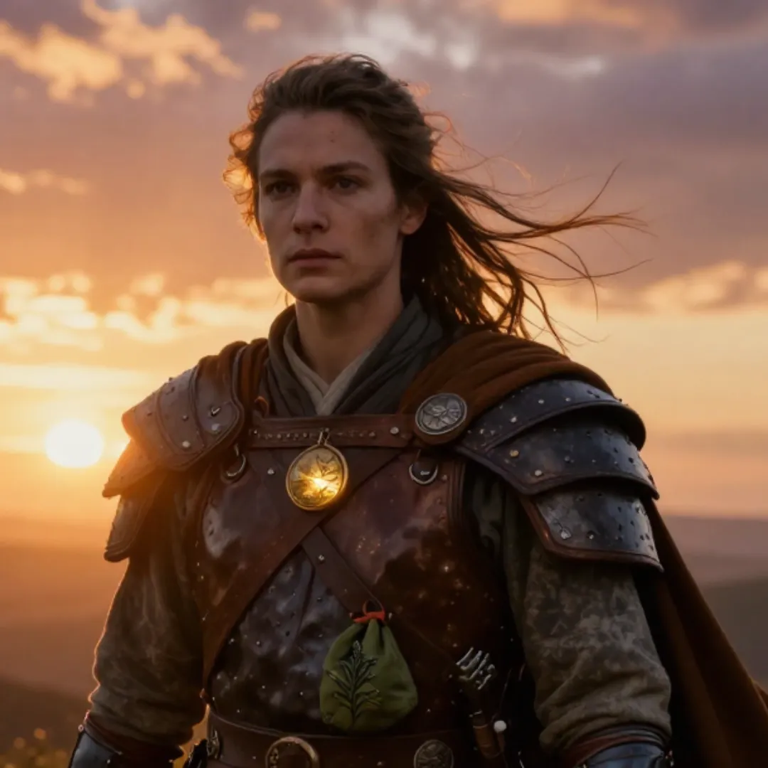 An image for Ignite Change Makers' Blog  with A woman in armor stands in a field at sunset, lit by warm golden light.