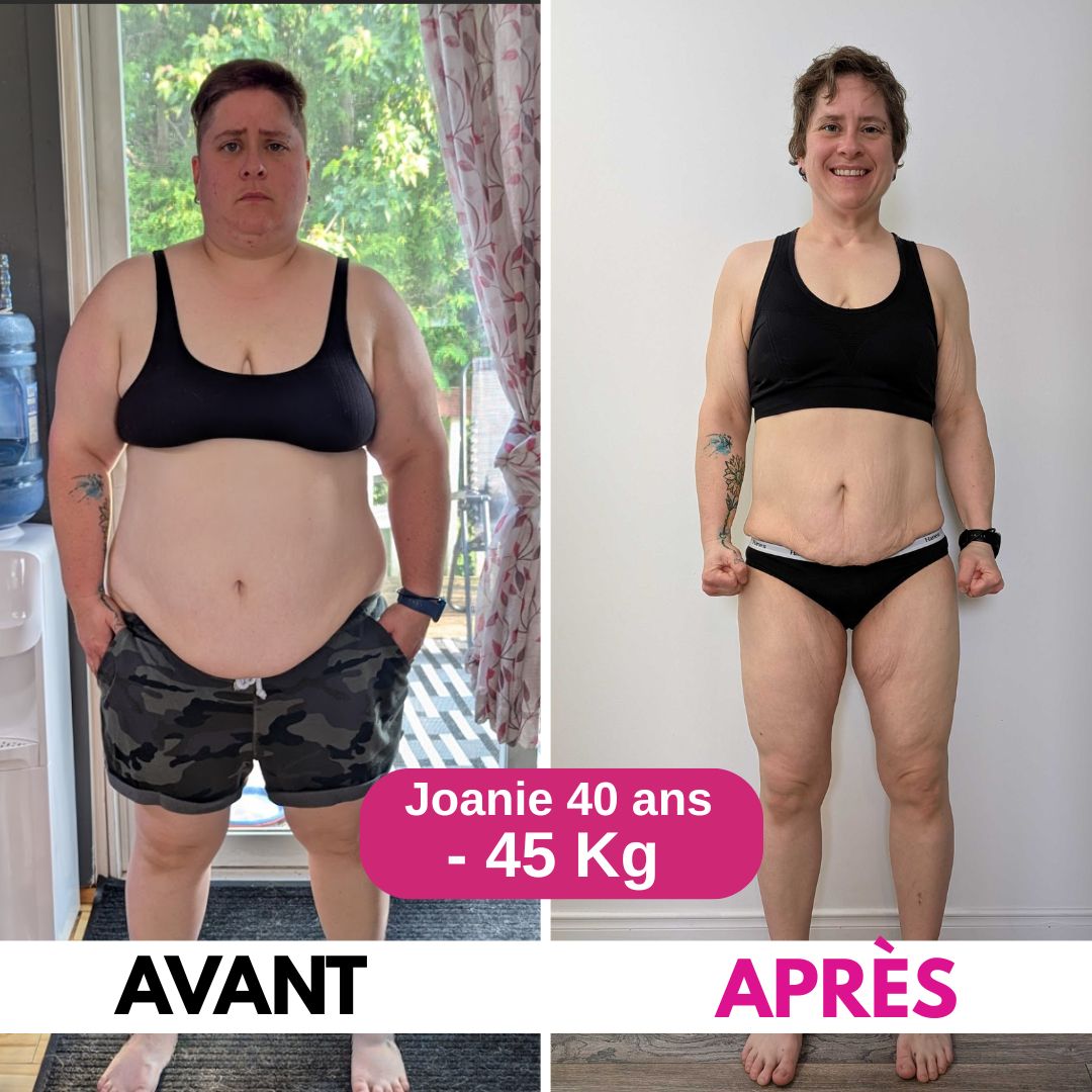 Transformation Joanie, 40 ans, -45 kg — méthode Club Vitalité