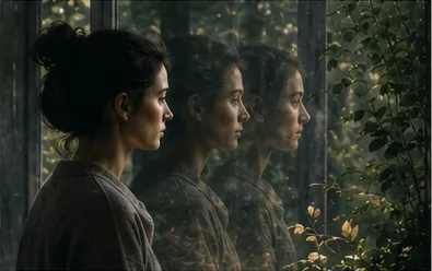 Woman looking out window reflection