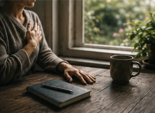 Person writing in a journal with coffee by a window