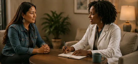 Two people talking about care planning