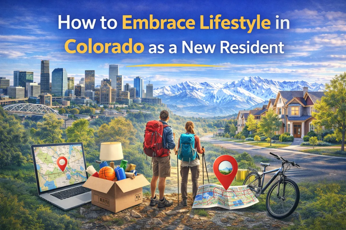 Colorado lifestyle graphic showing city living, mountain recreation, neighborhoods, and relocation symbols