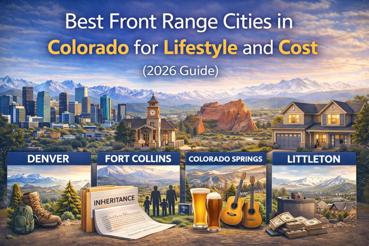 Colorado Front Range city skyline collage featuring Denver, Fort Collins, Colorado Springs, Littleton, and outdoor lifestyle icons