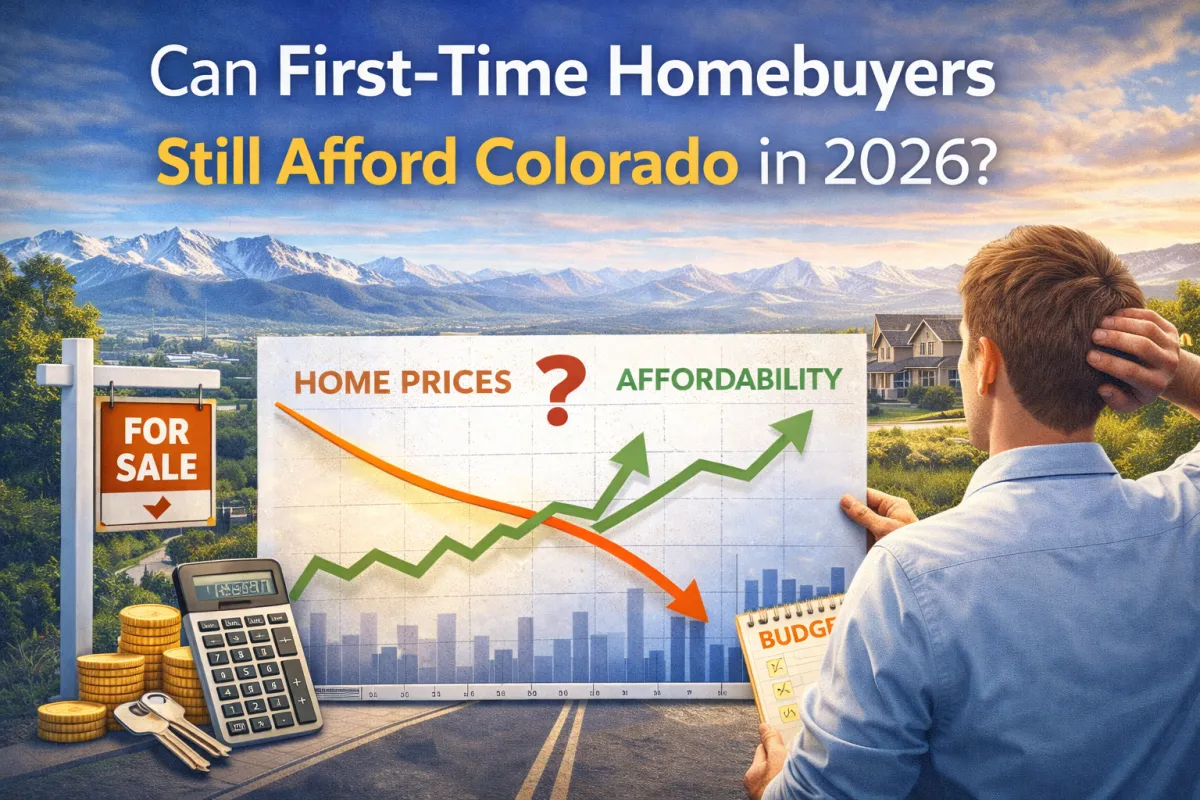 First-time homebuyer reviewing Colorado home prices and affordability charts with mountain backdrop