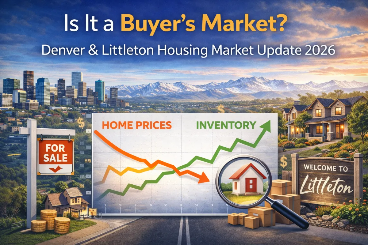 Denver and Littleton housing market graphic showing home price trends, inventory levels, and skyline backdrop