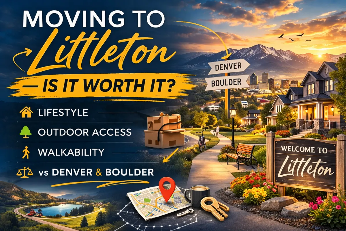 Littleton Colorado neighborhood graphic showing upscale homes, amenities, and Denver metro proximity