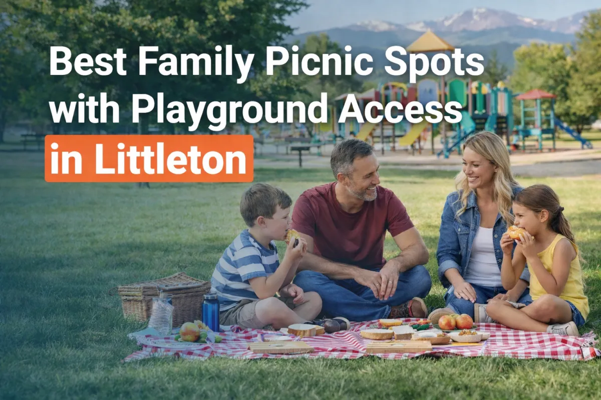 Family picnic area in Littleton Colorado park with playground, shade trees, and mountain views