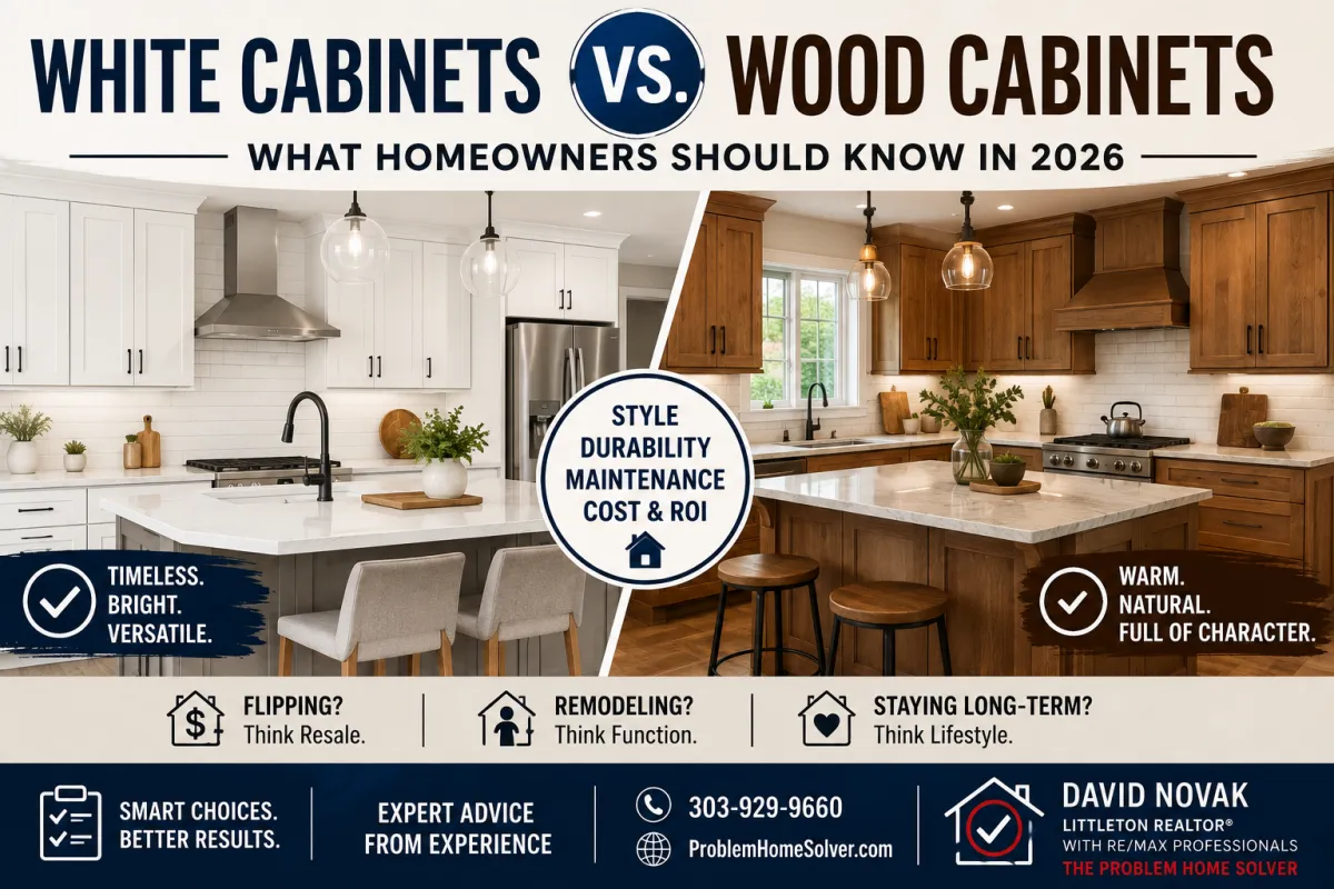 White and natural wood kitchen cabinets compared in a modern kitchen for homeowners considering remodeling or resale