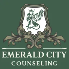 Emerald City Counseling Logo crest with lion that has wings and crown.