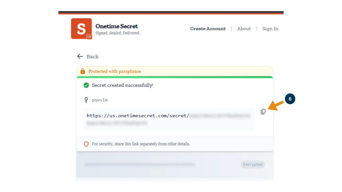 One-Time Secret confirmation screen showing generated link (blurred) — step 6