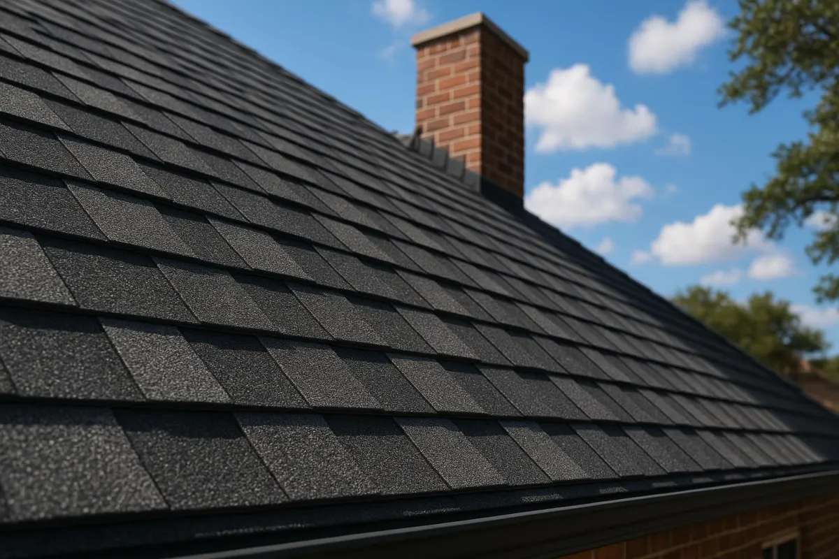 Close-up of a textured gray roof with overlapping shingles under a blue sky. A brick chimney is visible, and trees line the horizon. Calm, sunny day.