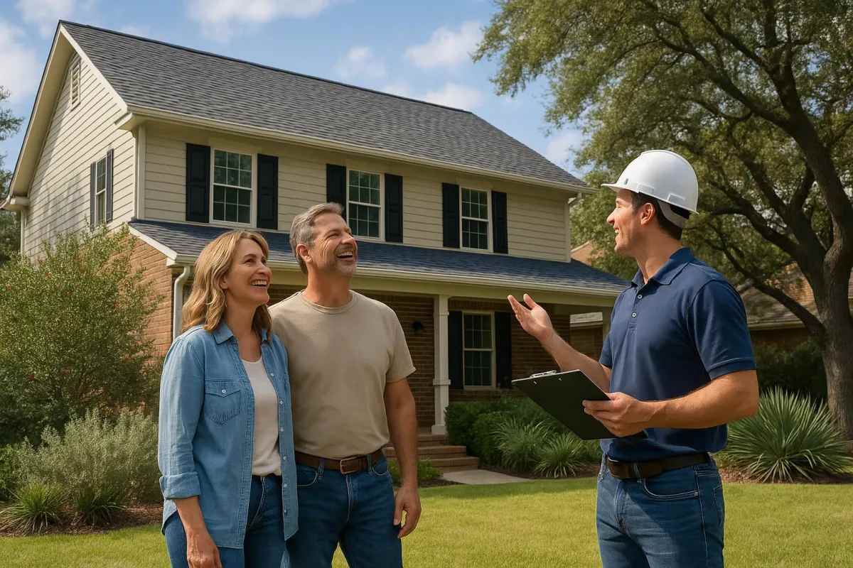 A smiling couple stands in front of a two-story house, talking with a construction worker holding a clipboard. The day is sunny, conveying a positive mood.