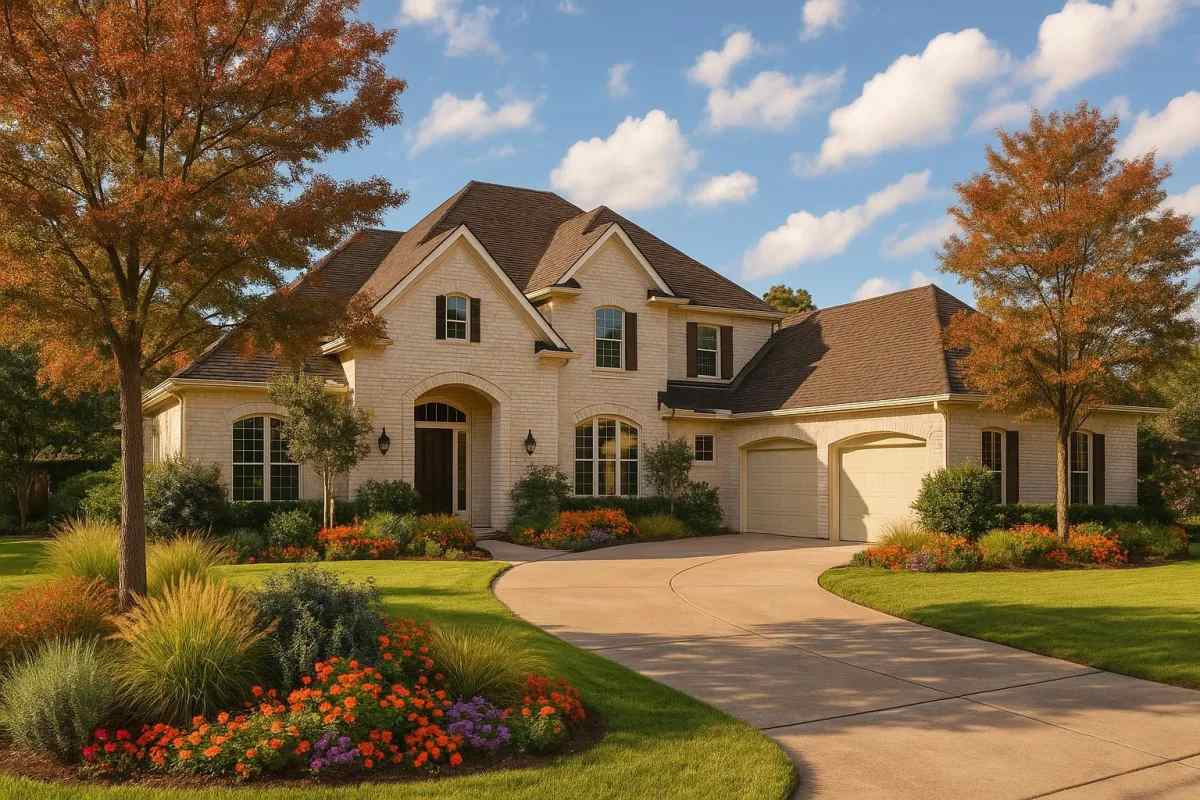 Two-story house with a steep roof, white brick exterior, and arched windows. Surrounded by a landscaped garden with blooming flowers and trees.