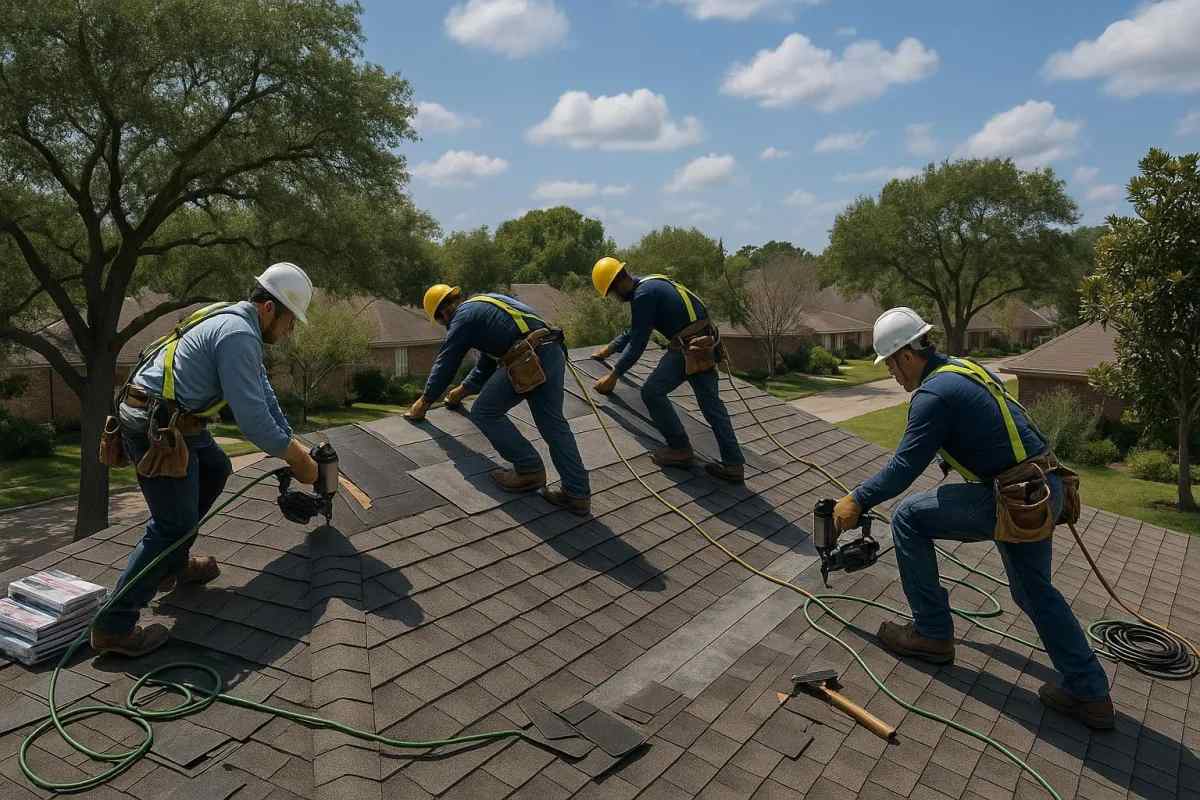 Four workers in safety gear install shingles on a sloped roof, surrounded by trees and houses under a blue sky with scattered clouds.