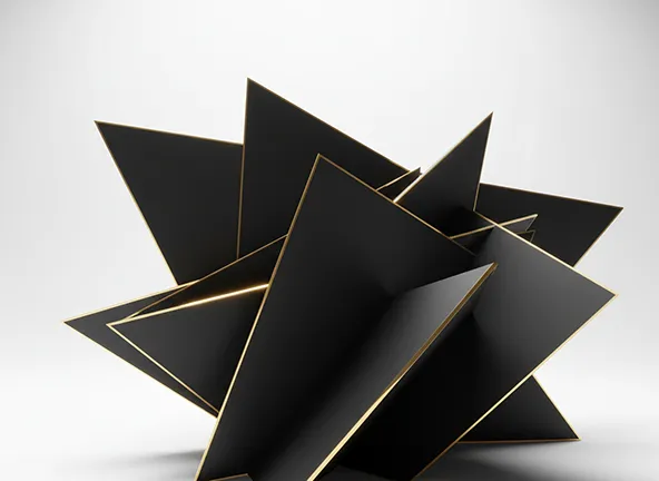 an abstract black shape with golden edges on a white background