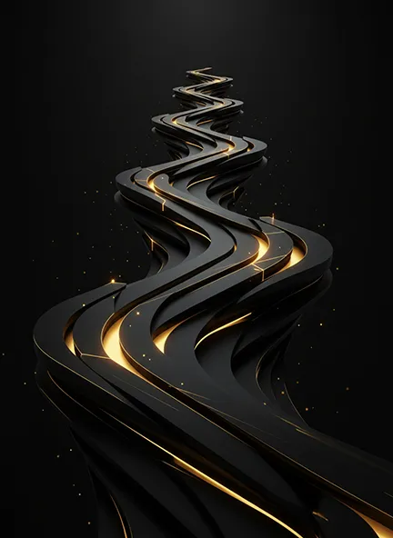many paths of black and gold leading towards a distant point