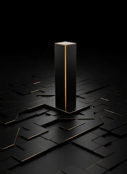 a black pilar with a golden accent rising from a black mazelike surface