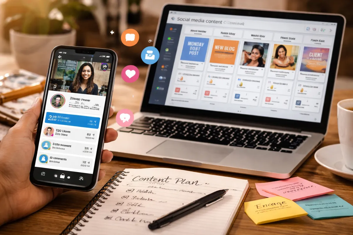 digital marketing artwork on brown wooden surface