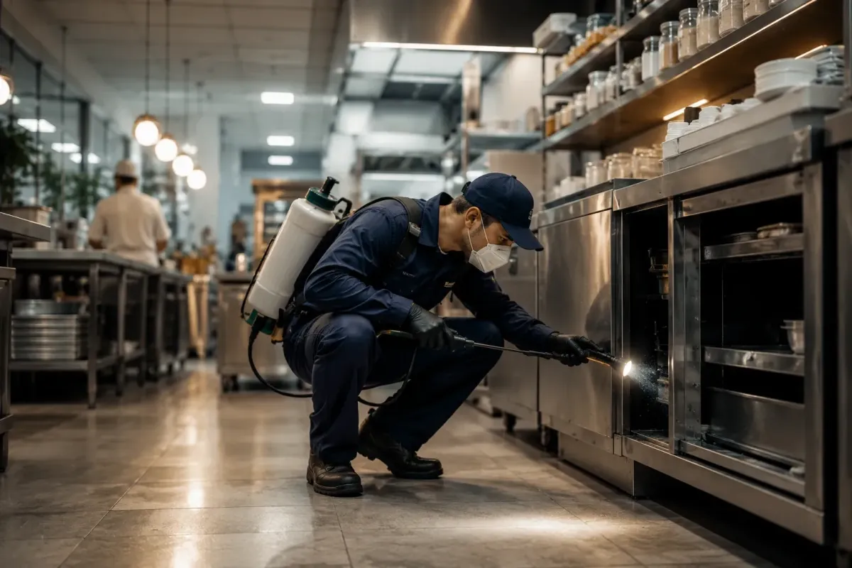 Pest control technician inspecting commercial property for pests - Alpharetta, GA